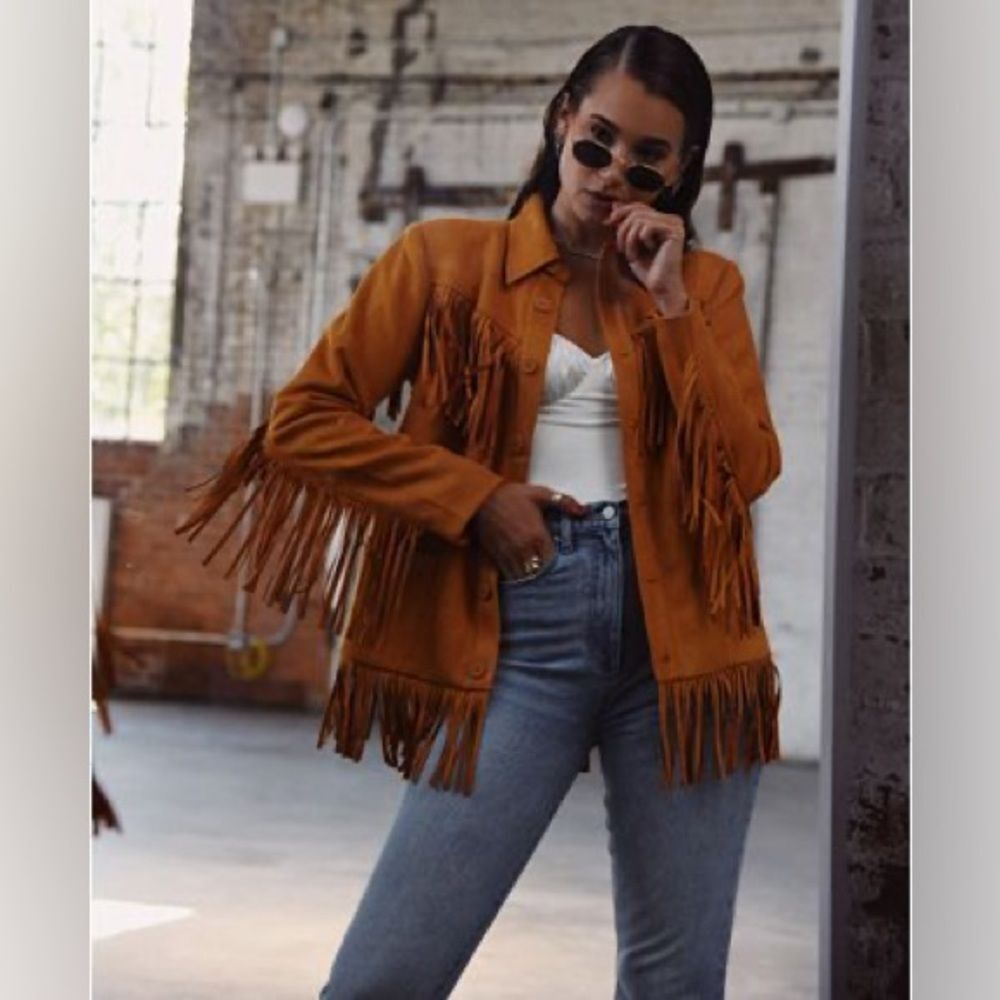 DANIELLE BERNSTEIN NWT Boho Fringed Faux Suede Jacket Camel Size XS Coachella